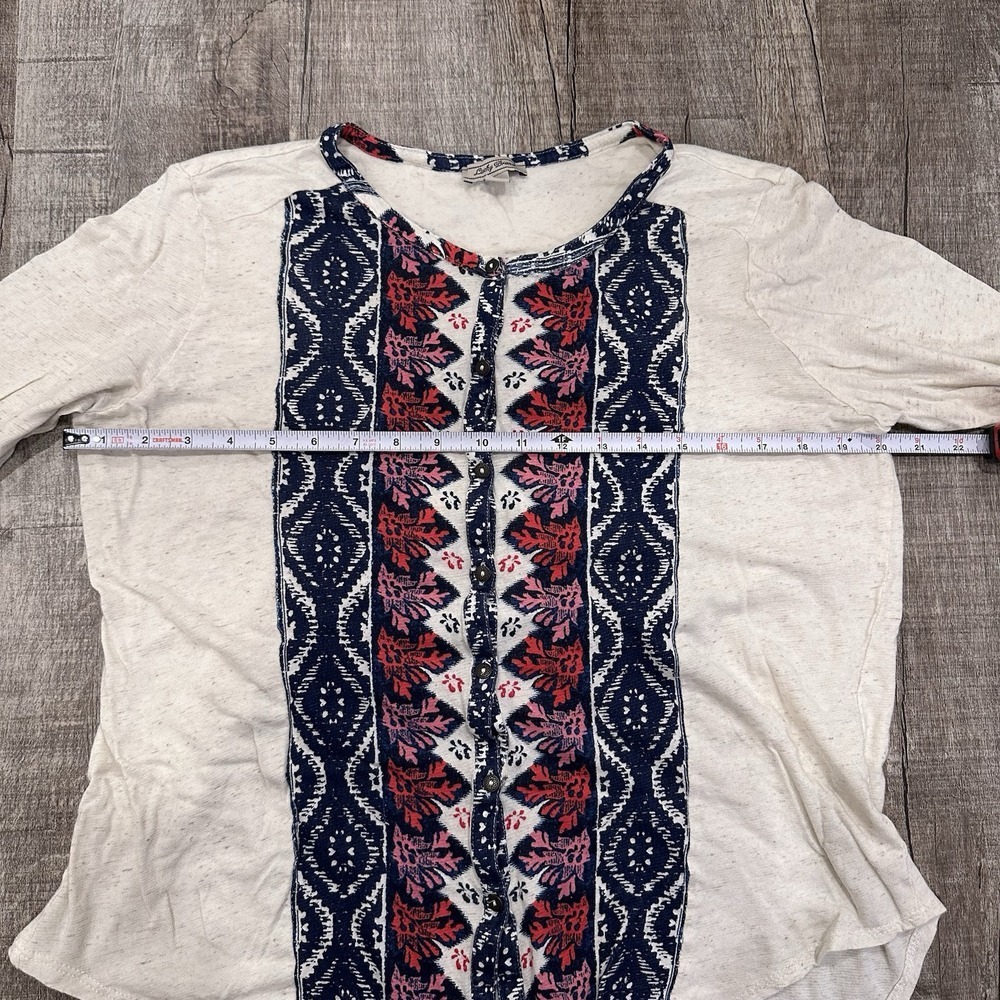 Lucky Brand Womens L Boho Top Long Sleeve‎ Cream Red Blue Hi Lo Relaxed Tab - Picture 2 of 9